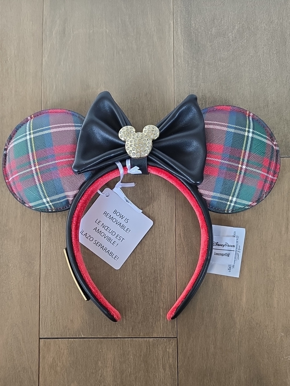 Disney VIP Red and Green Plaid Minnie Ears Headband with Black Bow